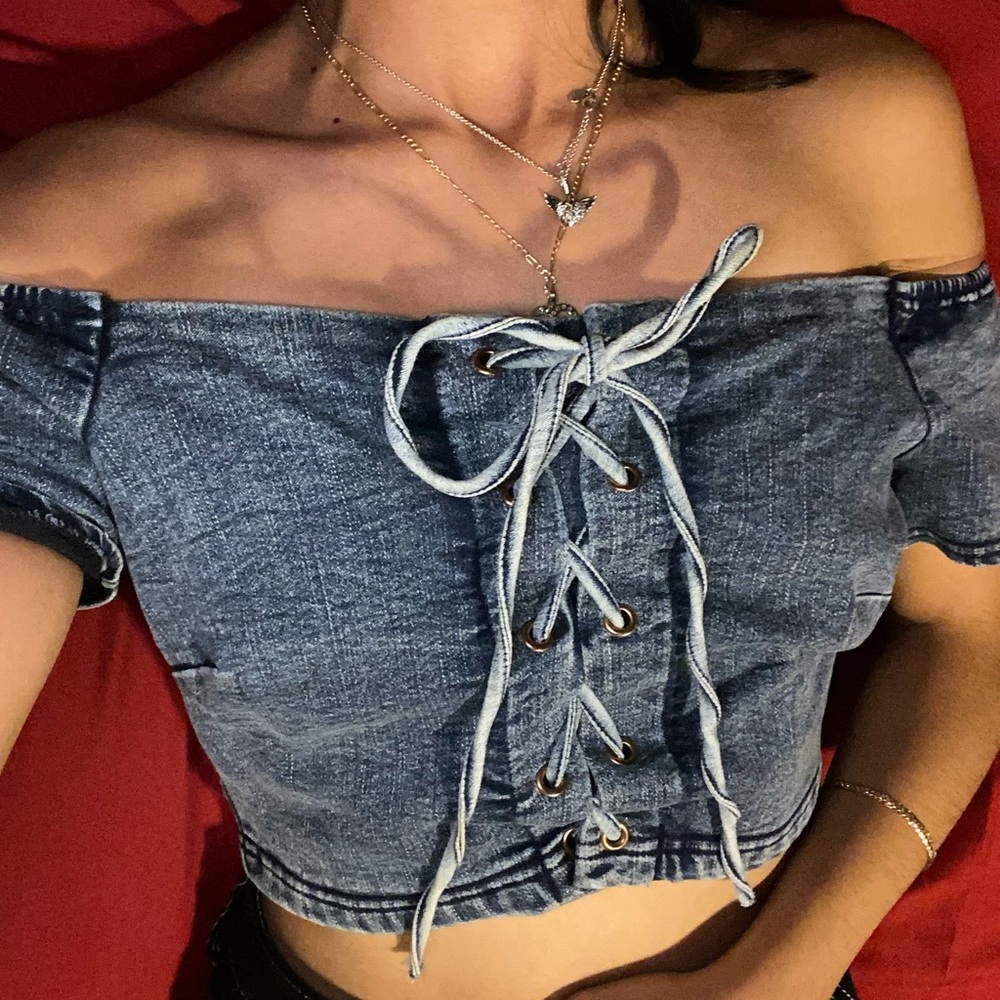 Denim Top with Lace Up front and Zipper back